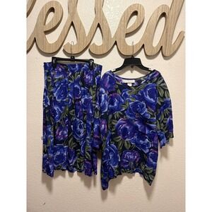 Maggie Lawrence Collection Floral Blue Purple Rose Print Skirt Top Set